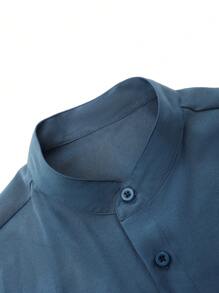 Men's Faux Linen Palm Tree Print Single-Breasted Shirt And Drawstring Long Pants Set, Cozy Outfits - Blue - View 4