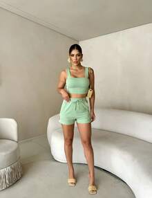 Set Of Shorts And Cropped Viscose Sweatshirt In Spring And Summer - 綠色 - 查看 3