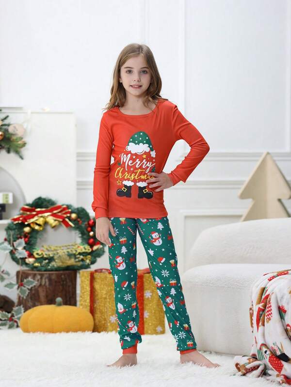 2pcs/Set Young Girl Christmas Family Matching Snug Fit Pajama Set, Santa Claus Gift Print Long Sleeve Long Pants, Comfy Holiday Loungewear