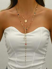 2pcs/Set Stylish Y-Shape Long Chain Necklace With Retro Cross Pendant, Classic Women Sweater Chain, Great For Layering Or Wearing Individually