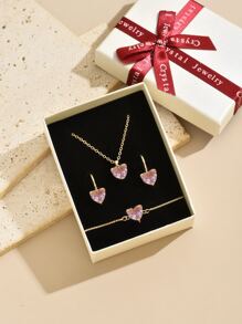 一盒4件套心形首饰套装，可定制心形项链、耳环和手链，适合日常佩戴、派对、约会、婚礼、新娘礼物、送给妈妈的礼物、生日、情人节等场合。 - 4pcs set with Box - 查看 33