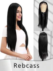 合成耐热前蕾丝假发，带婴儿头发 13*4 26 英寸黑色直发，完全机器制造，适合日常使用，高品质，适合女性，自然美丽，高品质合成柔软假发 - 黑色 - 查看 1