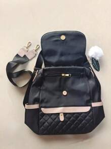 Lightweight Quilted Anti-Theft Backpack, Multiple Pockets, Embroidered Design, High-Quality Women's Travel Backpack. Women's Coin Purse, Waterproof Casual Backpack With Fur Ball Pendant, Women's Shopping Shoulder Bag, Fashion Backpack, Suitable For Girls, Elementary Students, Middle School Students, College Freshmen And Sophomores, Graduates, Mom Backpack. - Black - View 13