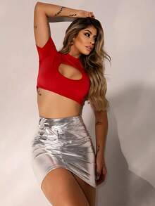 Women's Short Silver Metallic Skirt With Elegant Pocket New Release - Silver - View 4