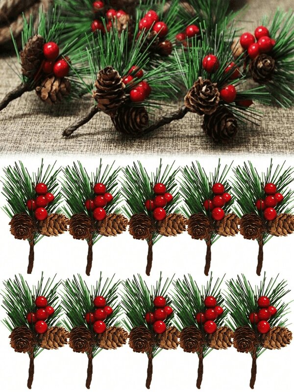 3/6/10 peças de galhos de pinheiro de Natal simulados, decorações para caixas de presente, materiais de decoração criativos para cenas de feriados, adequados para criar uma atmosfera de Natal, árvores de Natal, guirlandas de Natal, acessórios DIY para presentes de Natal