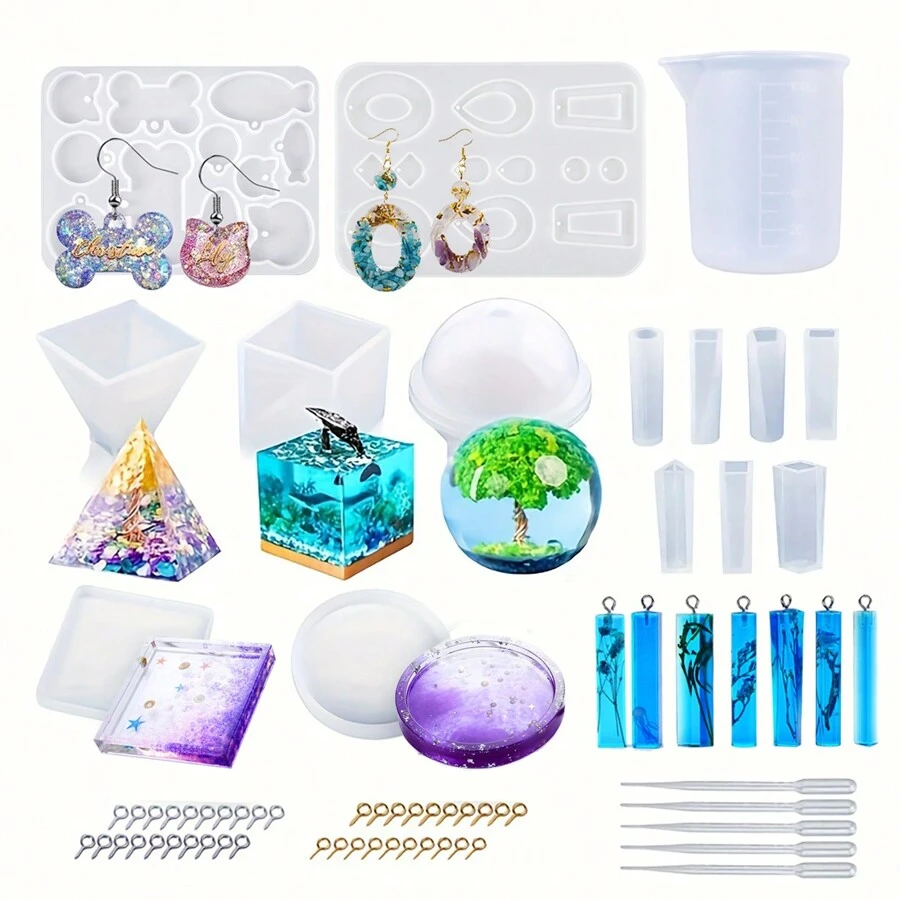 1pc Epoxy Resin Casting Silicone Mold Set, Suitable For Beginners, Includes Pyramid, Ball, Cube, Coaster, Pendant Molds, Straw Measuring Cup Casting Tools, DIY Earrings, Pendants, Home Decor Making - Multicolor - View 1