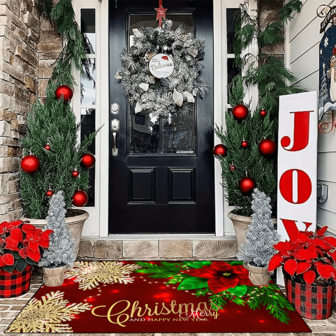 1pc 'Red Base Golden Snowflakes Green Leaves And Red Flower Twinkling Lights Christmas' Doormat, Indoor Mat, Throw Rug, Creative Door Mat, Entryway Themed Mat, Home Decor, Non-Slip Floor Rug Mat, Bedroom Accessories, Photo Props, Outdoor Decor, Throw Rug, Area Rug, Gift