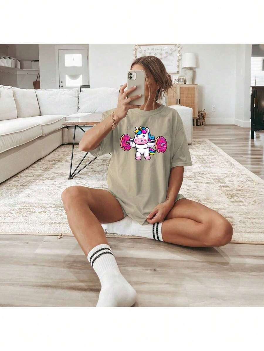 Women's Oversized Unicorn T-Shirt Workout Gym 100% Cotton Blouse - màu nâu - Xem 1