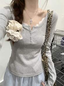 Korean Style Lace Panel Half-Open Collar Button Down Long Sleeve T-Shirt Top, Slim Fit, Autumn/Winter