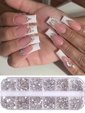 12 格指甲水钻 1.5 毫米-4 毫米 3D 美甲玻璃水晶 AB + 透明指甲石宝石珍珠水晶水钻 3D 魅力宝石指甲多形状 3D 指甲钻石用于美甲装饰 1 盒美甲水钻平底水钻珍珠指甲饰品用于丙烯酸指甲水晶美甲用品半圆形设计指甲宝石