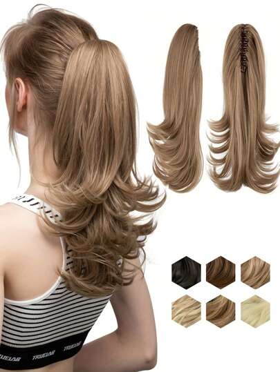  Ponytail Extension Short Ponytail Clip In Claw Hair Extension Natural Looking Synthetic Hairpiece For Women Dark Brown & Dark Auburn Mixed