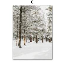 1 pièce Tableau de paysage d'hiver sur canevas, peinture murale Cerf, Animaux, Forêt de pins, Affiche et imprimé pour la décoration moderne du salon sans cadre