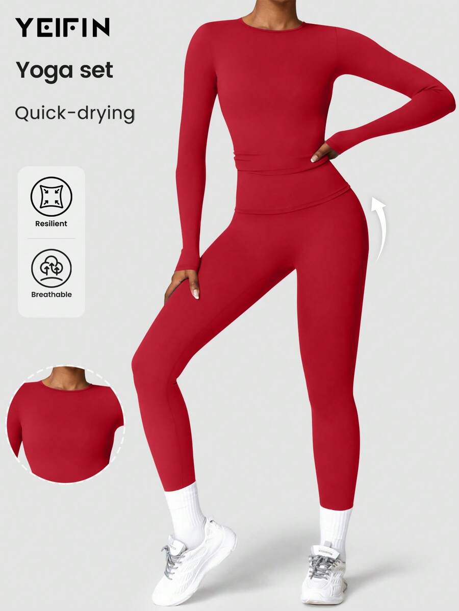 YEIFIN 冬季两件套女士纯色长袖 T 恤和紧身裤运动服套装，运动圆领上衣和紧身裤，适合瑜伽健身房锻炼，春夏女士运动服