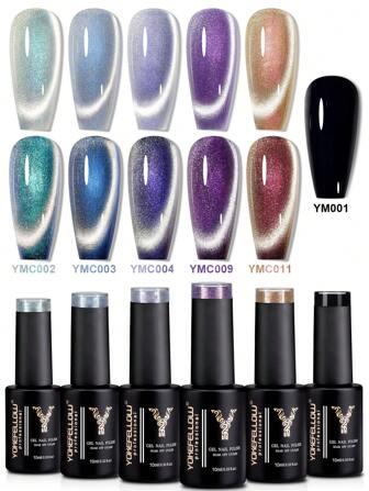  6 件 YOKEFELLOW 10ML 猫磁性凝胶指甲油套装 Auroras 9D 猫磁性眼闪粉紫蓝绿指甲油可浸泡 UV/LED 适用于美甲家居沙龙和礼物，适合女性妈妈妻子姐妹女朋友