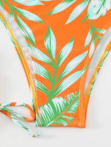 3pcs/Set Women's Tropical Plant Print Halter Neck Tie Bikini With Matching Cover Up Skirt, Sexy Split Style Swimwear Set For Beach Vacation - Orange - View 7