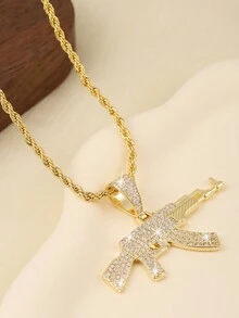 1 件铜合金方晶锆石冲锋枪吊坠项链，男士嘻哈珠宝，派对饰品 - 金黃色 - 查看 6