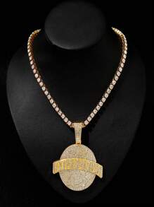 1pc Hip-Hop Style Alloy Circle Pendant Necklace With Letter & Rhinestone Detail, Unique Personalized Link Jewelry Accessory For Nightclub Party - Hip Hop Pendant - View 3