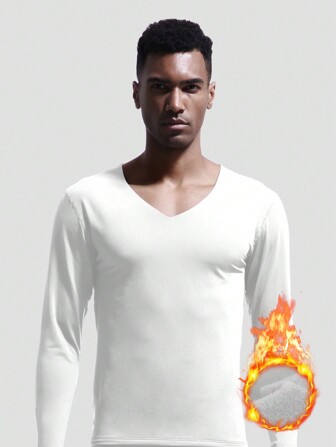Naadloze thermische onderkleding voor heren, V-hals warme thermische gevoerde basislaag T-shirt, slim fit lichtgewicht herfst/winter shirt