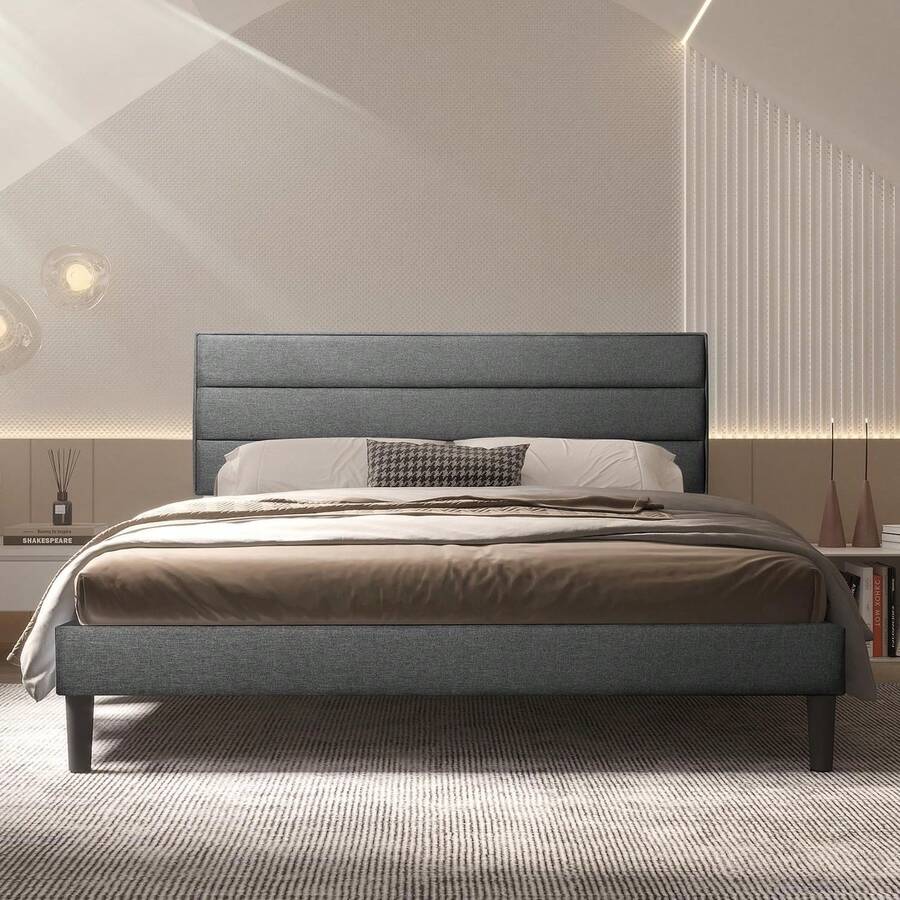 Queen Size Grey Color Modern Low Profile Upholstered Bed Frame With