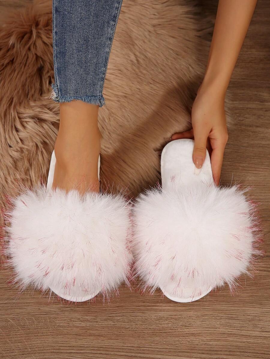 Damen Flauschige Pantoletten mit Riemen, offene Zeh flache Thermospantoffeln zum Tragen Drinnen & Outdoor, Herbst/Winter