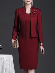 2pcs Burgundy Elegant Outfit, Long Sleeve Embroidered Blouse And Sleeveless Knee-Length Dress, Women's Graceful Attire Suitable For Christmas Eve, Thanksgiving, Christmas, Chinese New Year, New Year's Eve, Daily, Casual, Holiday, Event, Festival, Wedding, Engagement, Formal, Birthday, Celebration, Gift, Party, Social Occasions