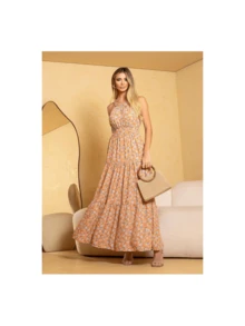 LONG WOMEN'S DRESS WITH FLORAL PRINT - Màu be - Xem 1