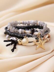 6pcs/Set Bohemian Style Ocean Theme Natural Stone, Pearl, Coral, Seashell, Starfish Beaded Multilayer Bracelet Set, Handmade Accessories For Women, Daily Wear & Holiday Gift