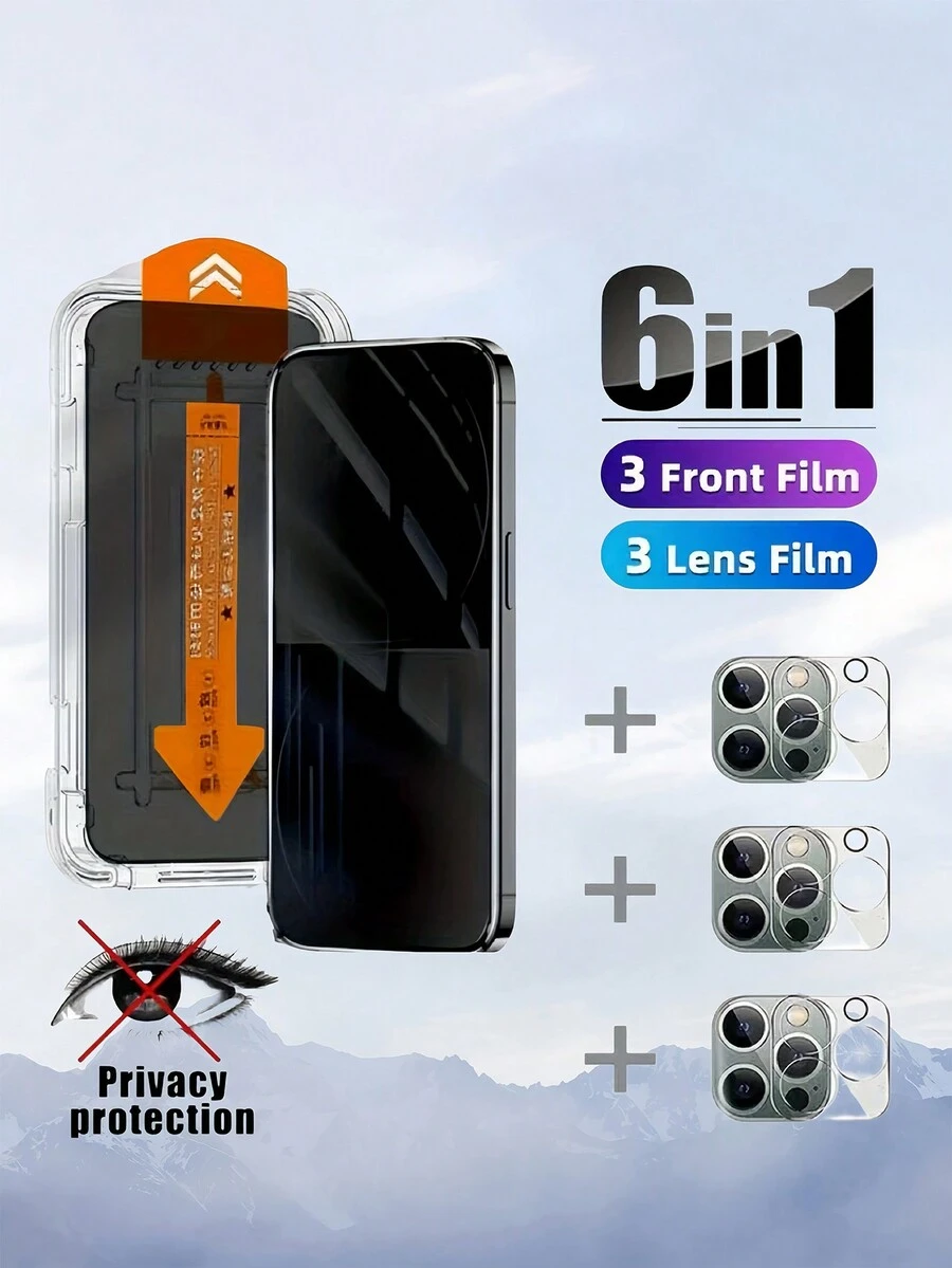 6 件/套 3 件一键安装防窥隐私钢化玻璃 + 3 件相机镜头保护膜 兼容 iPhone 无尘即时机舱膜应用 - 快速、准确、稳定的膜应用
