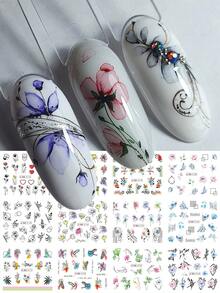 1 件美甲贴纸指甲滑块，抽象线条几何法式美甲贴花 3D 自粘叶子花朵涂鸦趣味指甲设计美甲装饰 - 彩色 - 查看 2