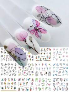 1 件美甲贴纸指甲滑块，抽象线条几何法式美甲贴花 3D 自粘叶子花朵涂鸦趣味指甲设计美甲装饰 - 彩色 - 查看 4