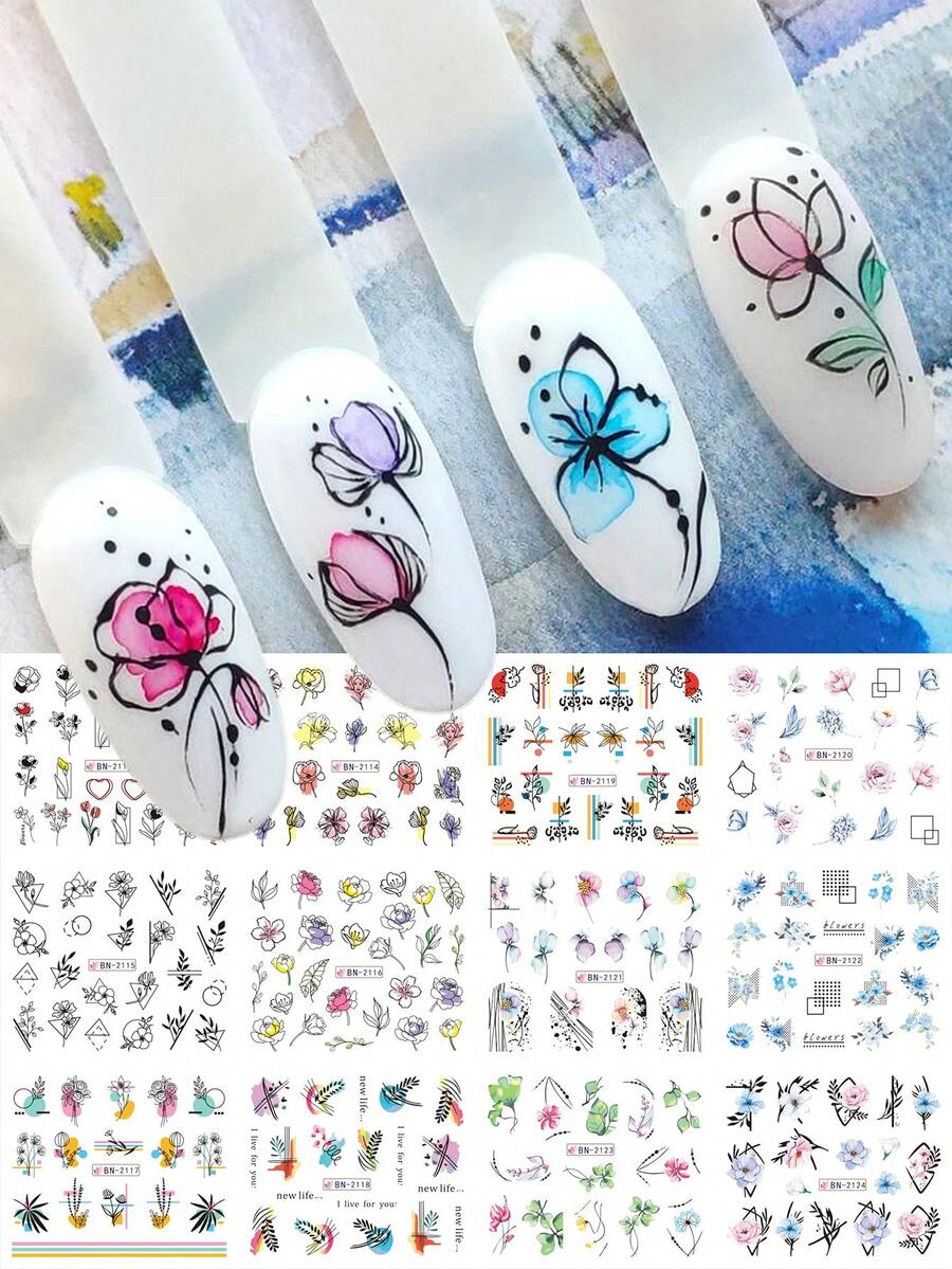 1 件美甲贴纸指甲滑块，抽象线条几何法式美甲贴花 3D 自粘叶子花朵涂鸦趣味指甲设计美甲装饰 - 彩色 - 查看 1