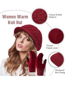2 piezas Conjunto de gorro y guantes de punto para mujer, gorro de punto casual de moda, adecuado para uso diario en otoño/invierno, viajes al aire libre, senderismo, esquí, ciclismo, escalada, accesorios de invierno, atuendos de invierno