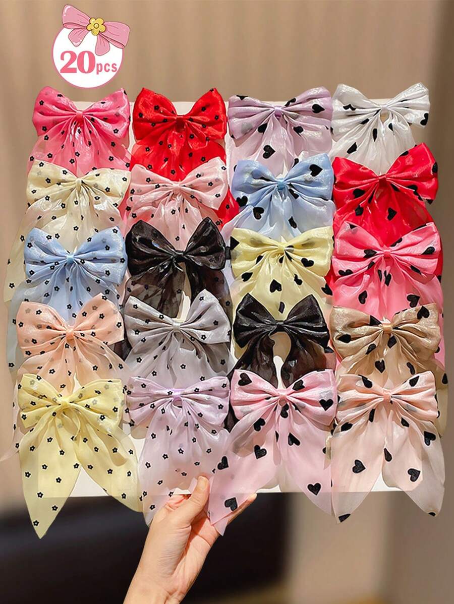 10/20 chiếc kẹp tóc nơ ruy băng họa tiết trái tim và hoa - Phụ kiện tóc thời trang, món quà tuyệt vời cho các bé gái - Nhiều màu - Xem 1