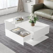 Coffee Table, High-Gloss Black. Side Tables, Coffee Tables With Glass And LED - White - View 3