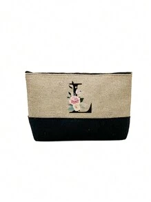 1件卡其色花卉字母图案女士手提包兼化妆包，送给优秀教师的礼物，可重复使用的托特包，女士简约大容量旅行化妆包，多功能便携式女士礼品