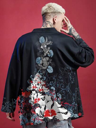 Chinese Style Blood Flower Allover Print Black Loose Casual Cardigan Kimono Jacket For Men, Plus Size