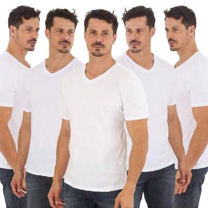 Kit 5 Camisetas Masculina Gola V Branca Camisa 100% algodão