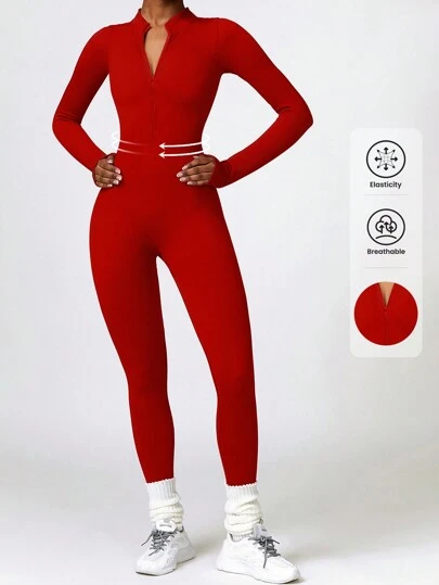 DINBEY Women's Solid Color Long Sleeve Zipper Jumpsuit, Yoga & Outdoor Shaping, Lifting Buttocks And Slimming Jumpsuit