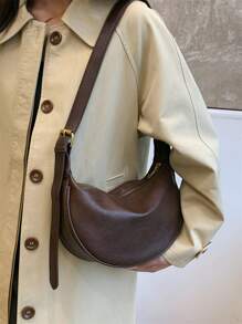 Women Leather Dumpling Handbag, PU Leather Solid Color Saddle Shoulder Bag With Adjustable Strap, For Daily Commute - Coffee Brown - View 5