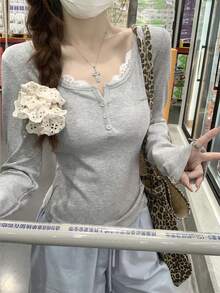 Korean Style Lace Panel Half-Open Collar Button Down Long Sleeve T-Shirt Top, Slim Fit, Autumn/Winter