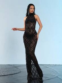 Modphy Modphy Luxury Sparkling Crystal Rhinestone High Neck Mesh Bodycon Dress, Formal Bridesmaid Gown, Evening Party, Wedding Guest Dress For Wedding