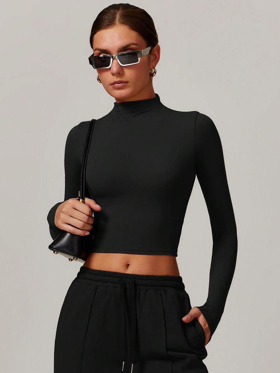 MASKERT 女士长袖 T 恤运动上衣瑜伽上衣跑步上衣家居休闲舒适亲肤 - 黑色 - 查看 1