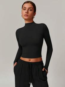 MASKERT 女士长袖 T 恤运动上衣瑜伽上衣跑步上衣家居休闲舒适亲肤 - 黑色 - 查看 3