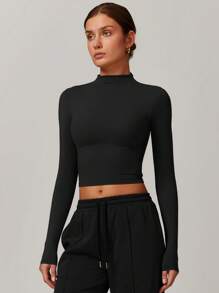 MASKERT 女士长袖 T 恤运动上衣瑜伽上衣跑步上衣家居休闲舒适亲肤 - 黑色 - 查看 5