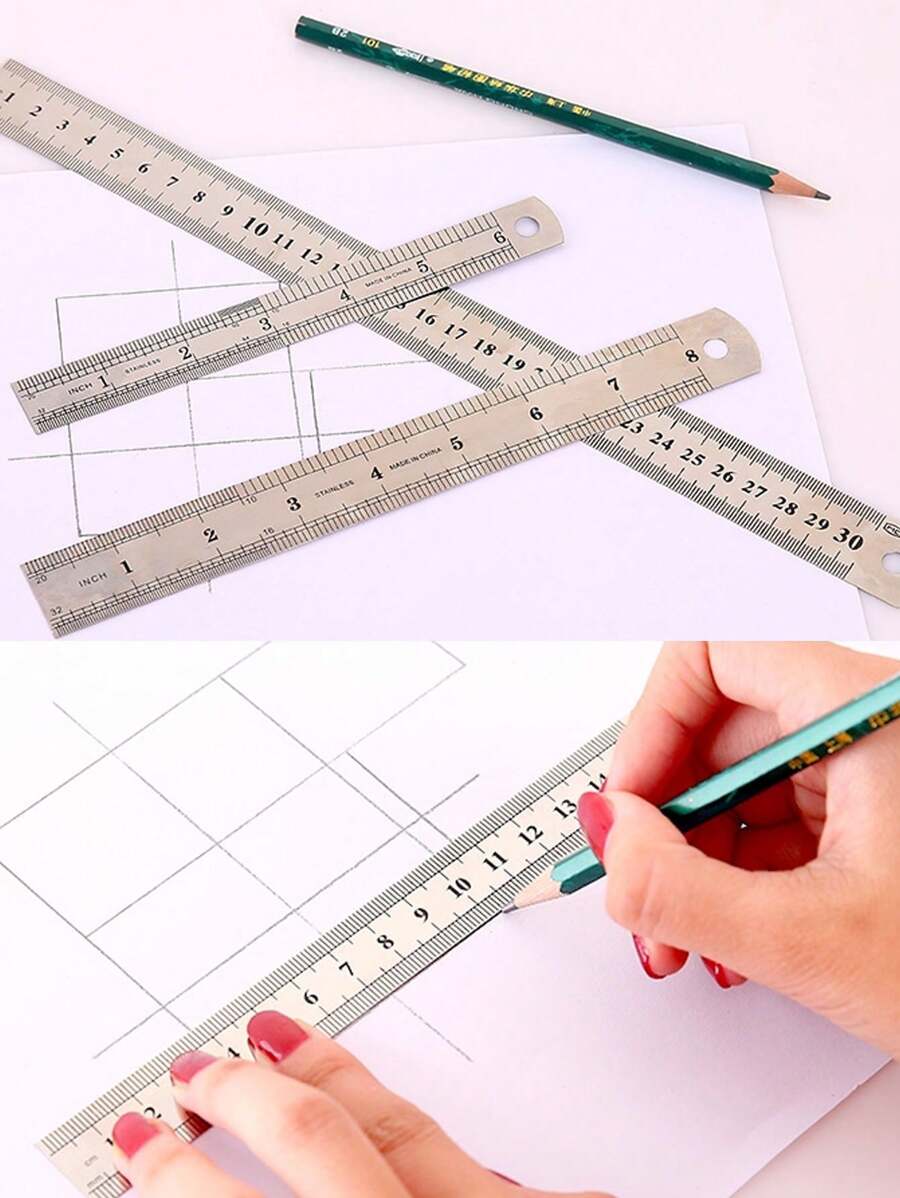 3件套多功能尺，学生文具绘图工具，学习用品，现代便携式学生尺，返校必备，双面不锈钢材质 - 彩色 - 查看 1