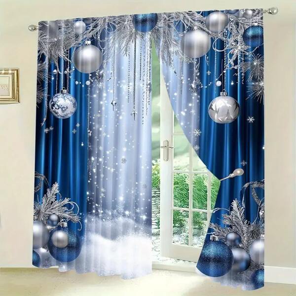2pcs Modern Blue Theme Curtains, Decoration,Polyester Rod Pocket Design, Machine Washable Window Drapes For Living Room, Office, Bedroom Decor Home Decor Christmas Decorations Christmas