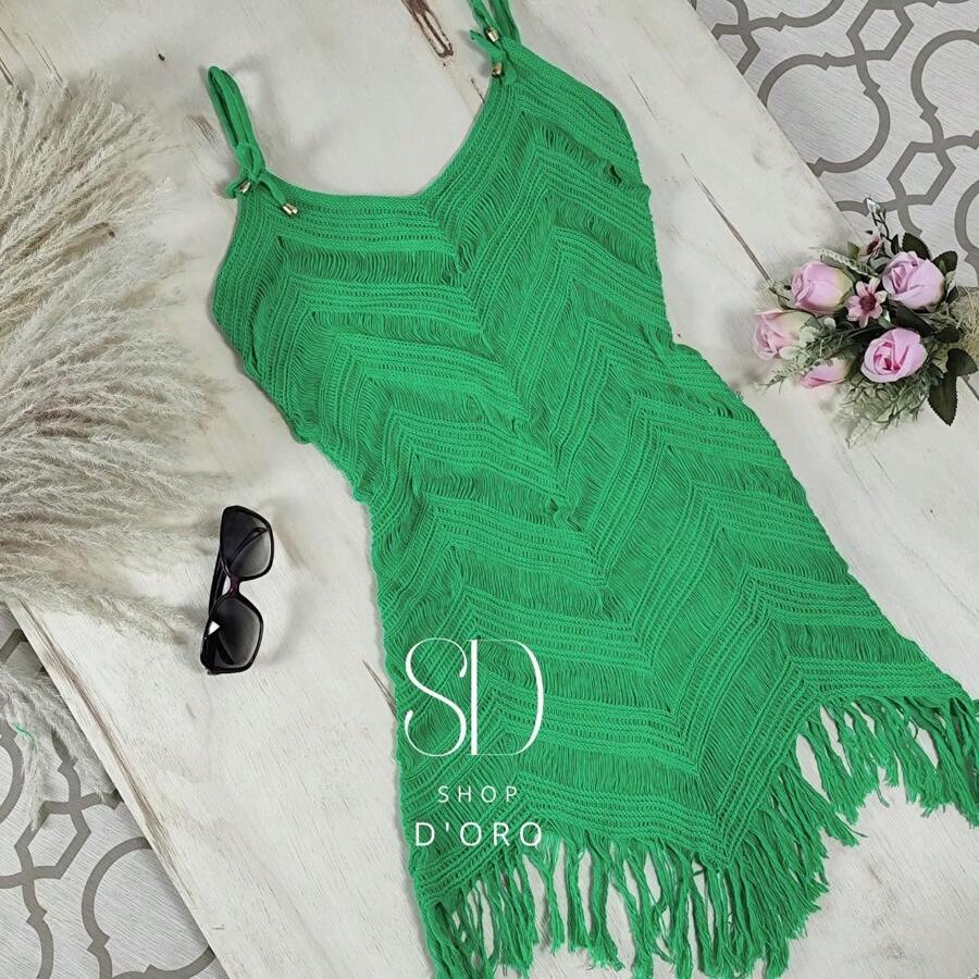Beach Cover-Up With Fringes And Ocean Waves - Green - View 1