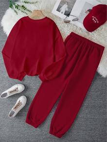 Conjunto de dos piezas para mujer con sudadera con capucha de cuello redondo y pantalones de chándal para otoño e invierno, cómodo para el hogar, deportes y tiempo libre. Sudadera y pantalones de chándal de forro polar con estampado de letras simples "Brooklyn New York"