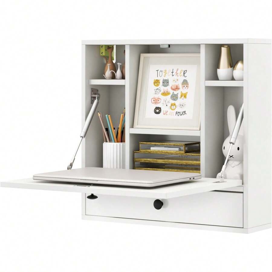 Folding Wall Desk, Wood Wall Mounted Desk With Storage Drawer And