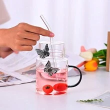 4 chiếc cốc thủy tinh chịu nhiệt Borosilicate cao cấp 500ml/17oz, cốc thủy tinh đựng nước ép Butterfly Juice trong suốt dày, một lớp có ống hút thủy tinh - Xám - Xem 4